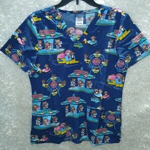 Cherokee Medical Uniforms Scrub Top V-Neck Navy Blue Bear Carnival Print Size S